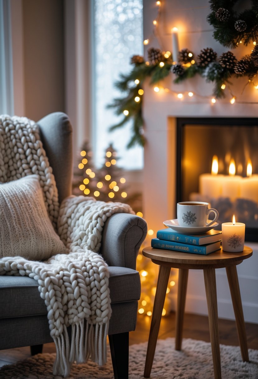 A cozy reading nook with a comfortable armchair, a blanket, a steaming cup of tea on a side table, and winter-themed books near a softly glowing fireplace.