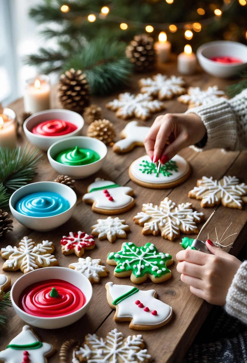 A table with winter-shaped cookies and colorful icing being decorated by people’s hands in a cozy setting.