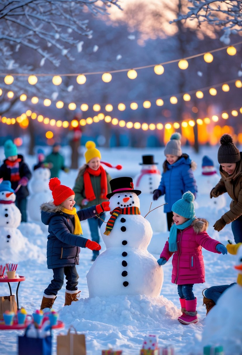 People building snowmen outdoors in a snowy park during a winter birthday party with festive decorations and winter clothing.