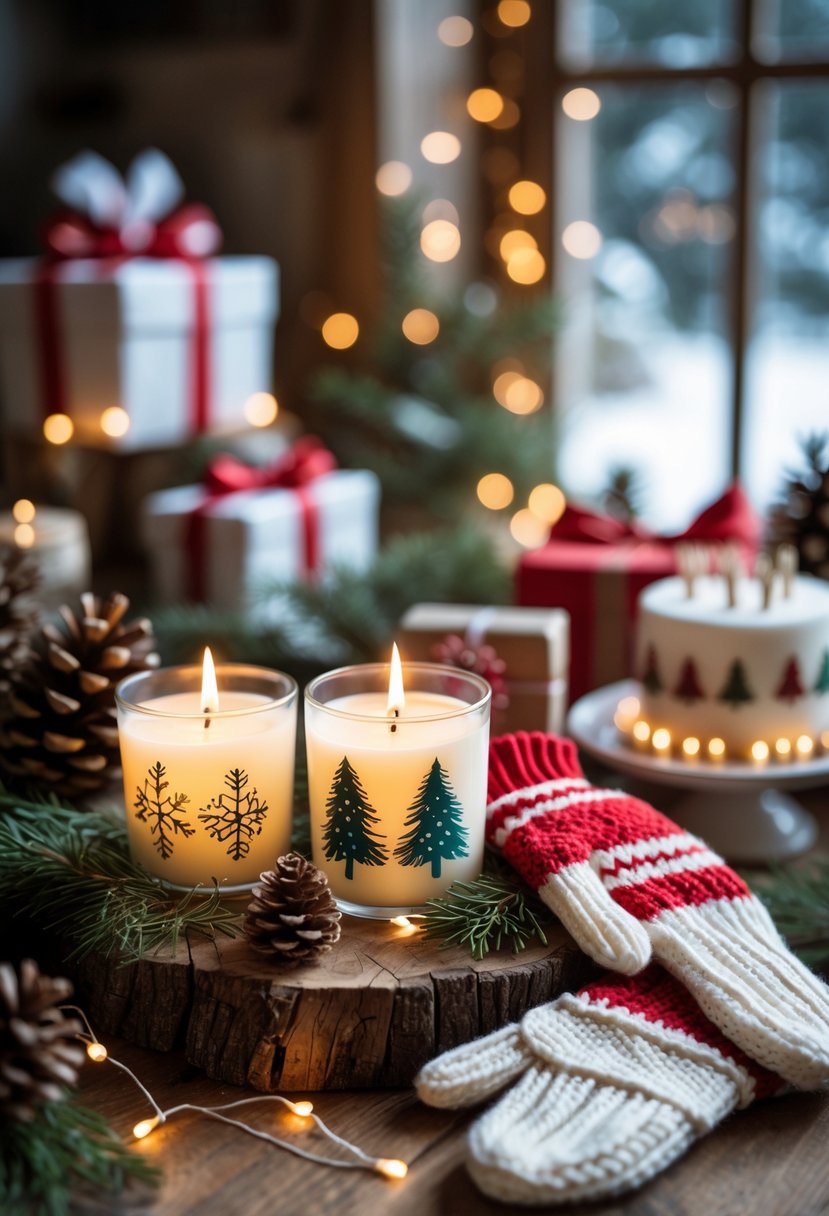 A table with winter-themed birthday party favors including scented candles and knitted mittens, decorated with pine cones and fairy lights, with a birthday cake and gifts in the background.
