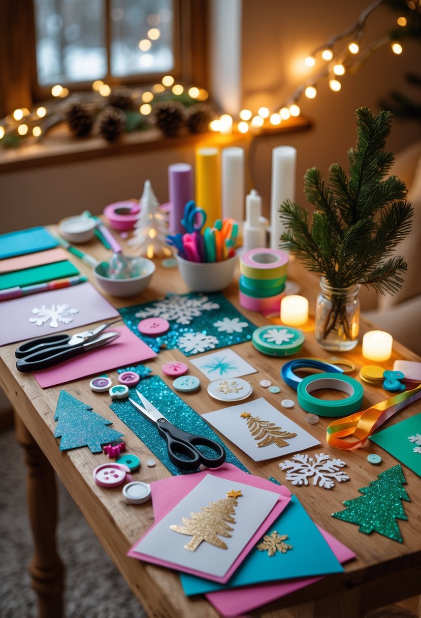 A cozy craft station with supplies for making handmade winter birthday cards on a wooden table.