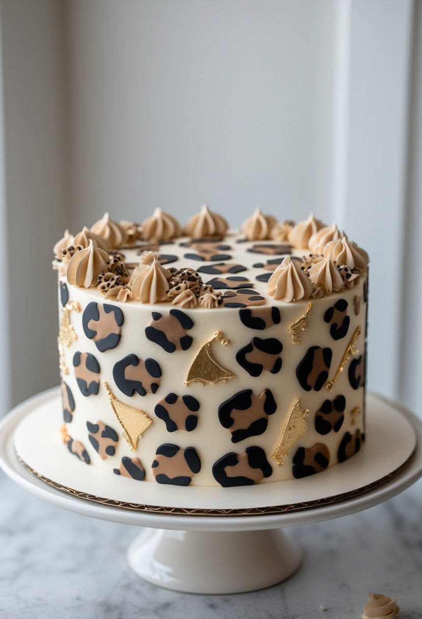 A round birthday cake decorated with cheetah print and edible gold accents on a cake stand.