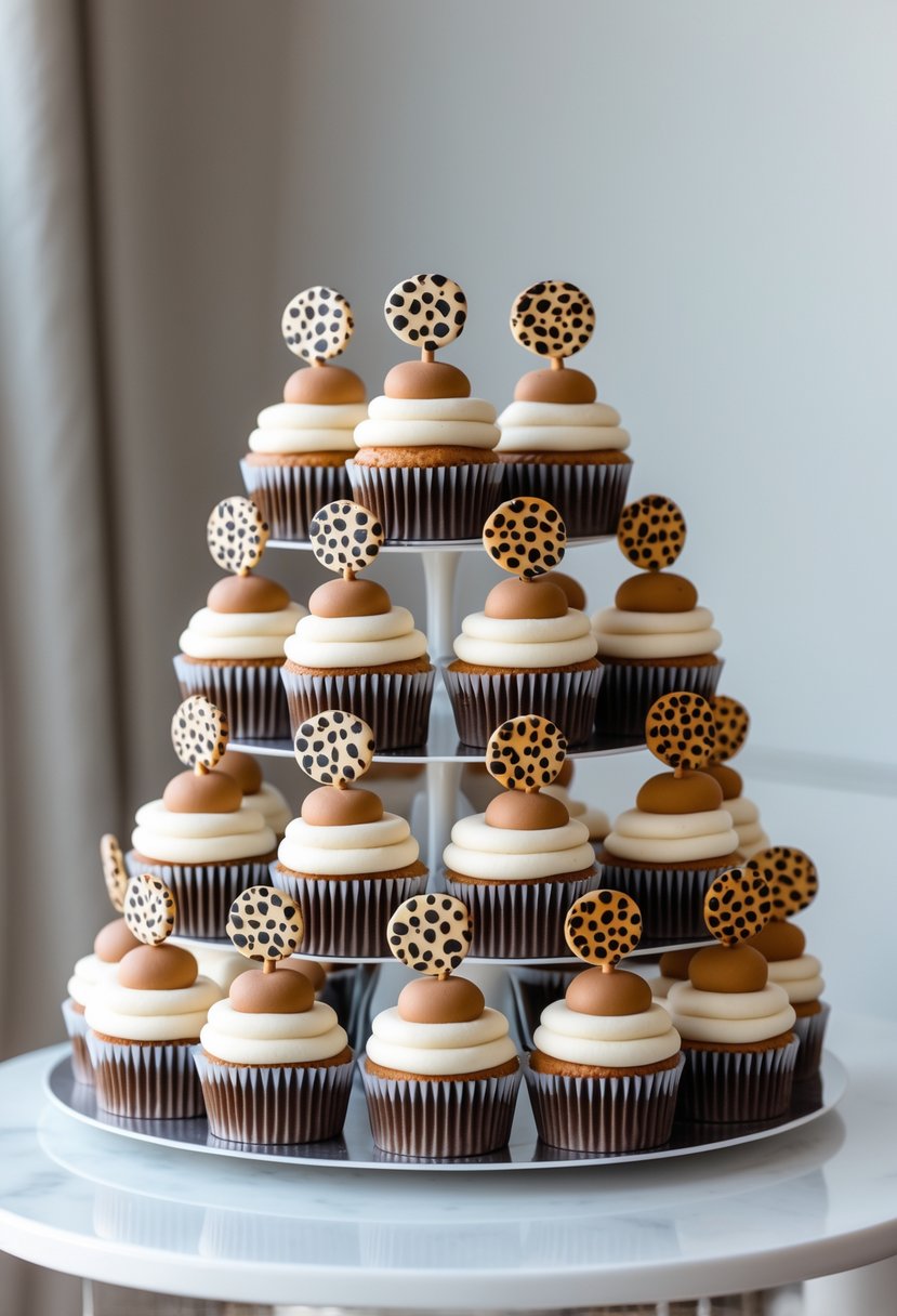 A multi-tiered cupcake tower with cupcakes topped with cheetah print designs on each cupcake.