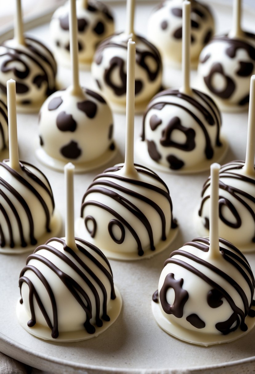 Close-up of several cake pops decorated with cheetah print patterns and dark chocolate drizzle arranged on a neutral surface.