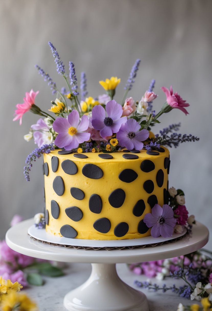 A bright yellow birthday cake with black cheetah spots and colorful edible flowers on a white cake stand.