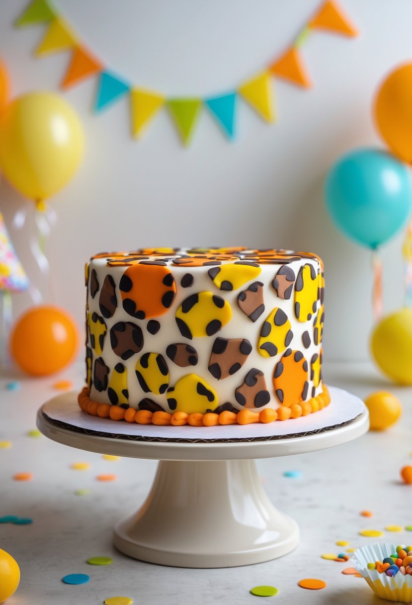 A colorful cheetah print birthday cake for a toddler on a neutral background with birthday decorations around it.