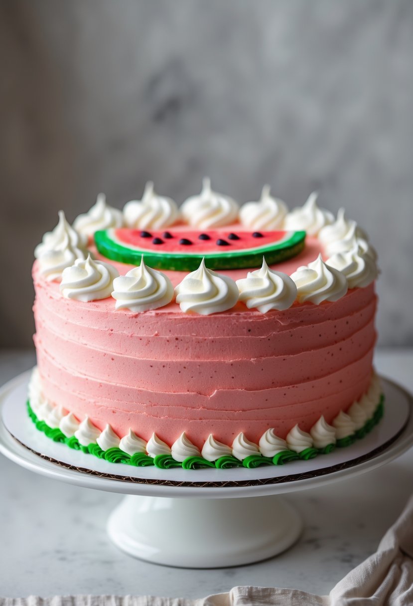 A round birthday cake decorated to look like a watermelon with whipped cream frosting on a white cake stand.
