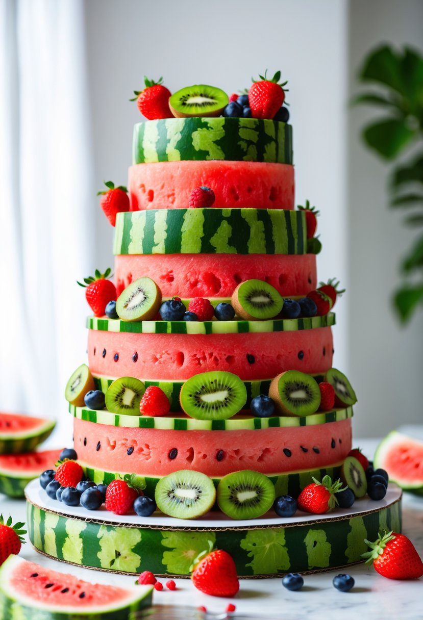 A tiered watermelon cake decorated with fresh kiwi slices and mixed berries on a clean surface.