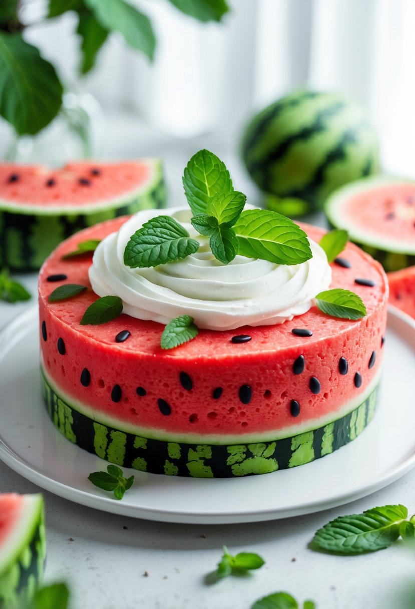 A no-bake watermelon cake topped with coconut cream and mint leaves on a white plate, surrounded by watermelon slices.