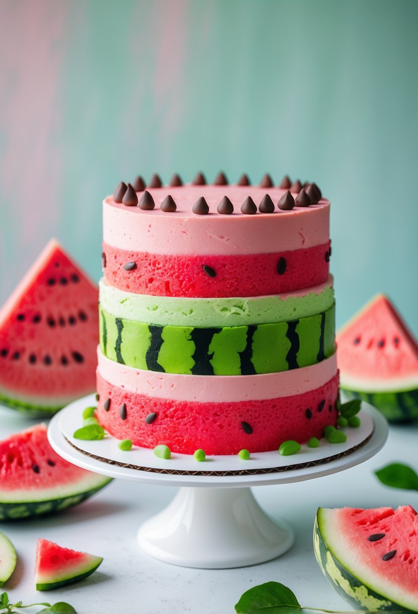 A layered watermelon cake decorated with mini chocolate chips on a white cake stand, surrounded by fresh watermelon slices.