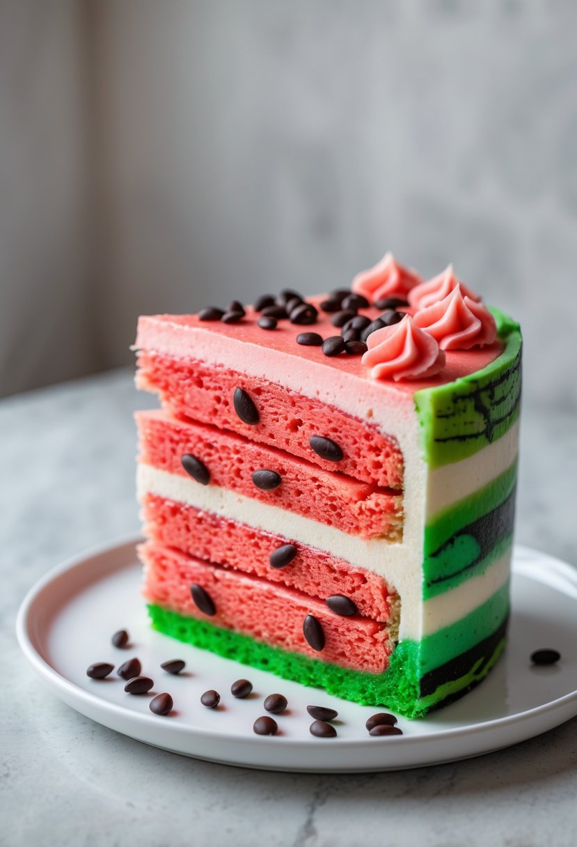 A slice of cake designed to look like a watermelon slice with chocolate seeds on a white plate.