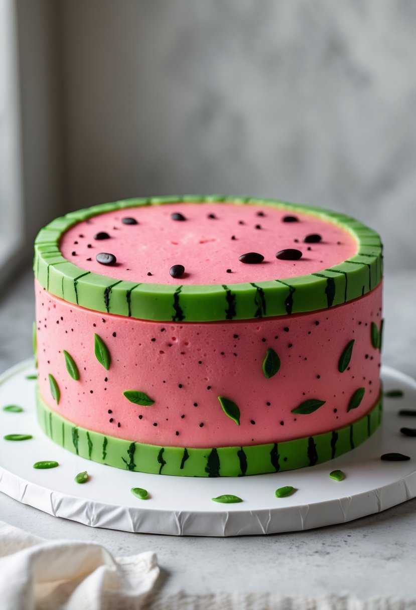 A watermelon cake with a bright green rind and pink interior with black seeds on a white plate.