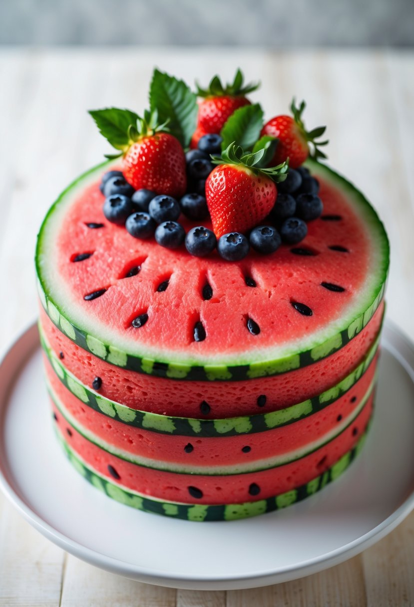 A watermelon-shaped birthday cake decorated with fresh blueberries and strawberries on a white plate.