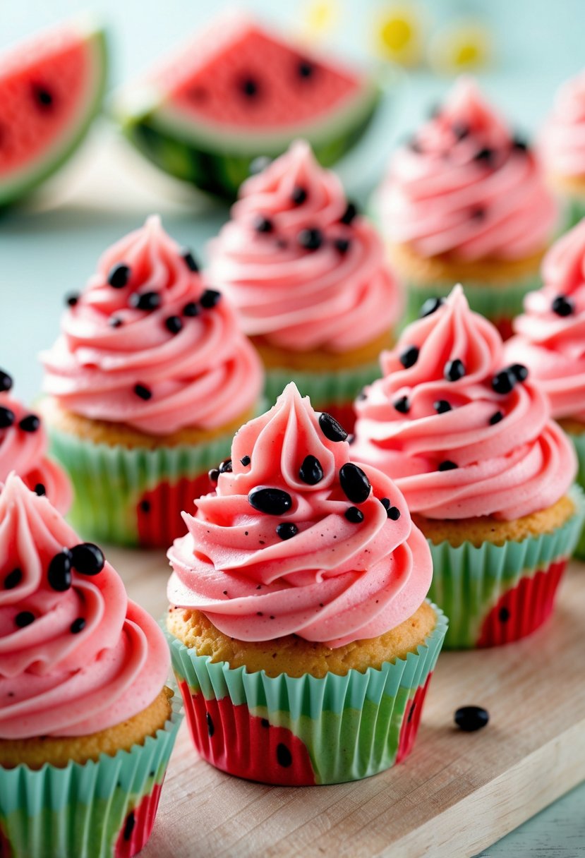 A close-up of mini cupcakes with pink frosting and black sprinkles arranged on a wooden surface.