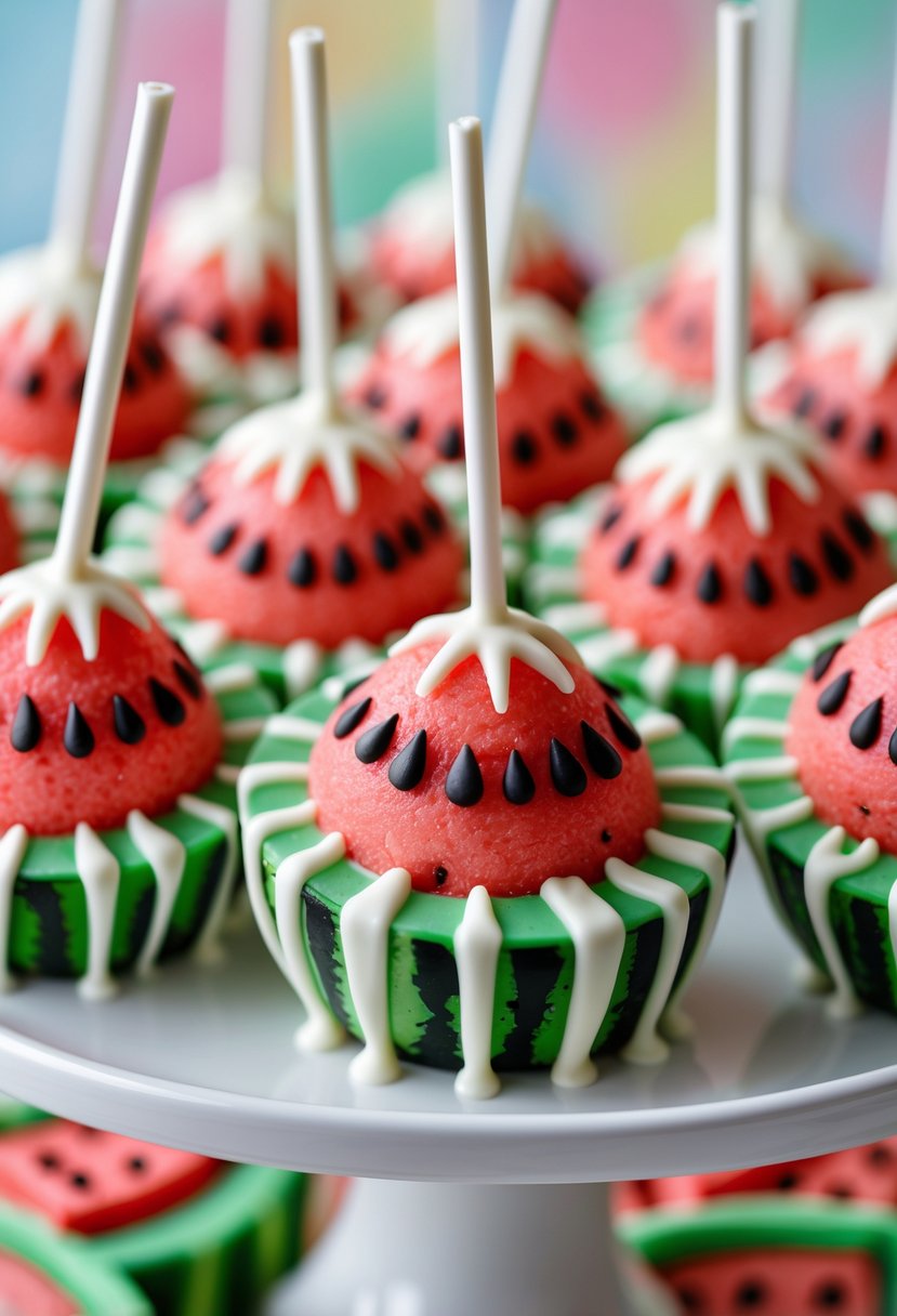 Close-up of watermelon-themed cake pops with white chocolate drizzle arranged on a white platter.