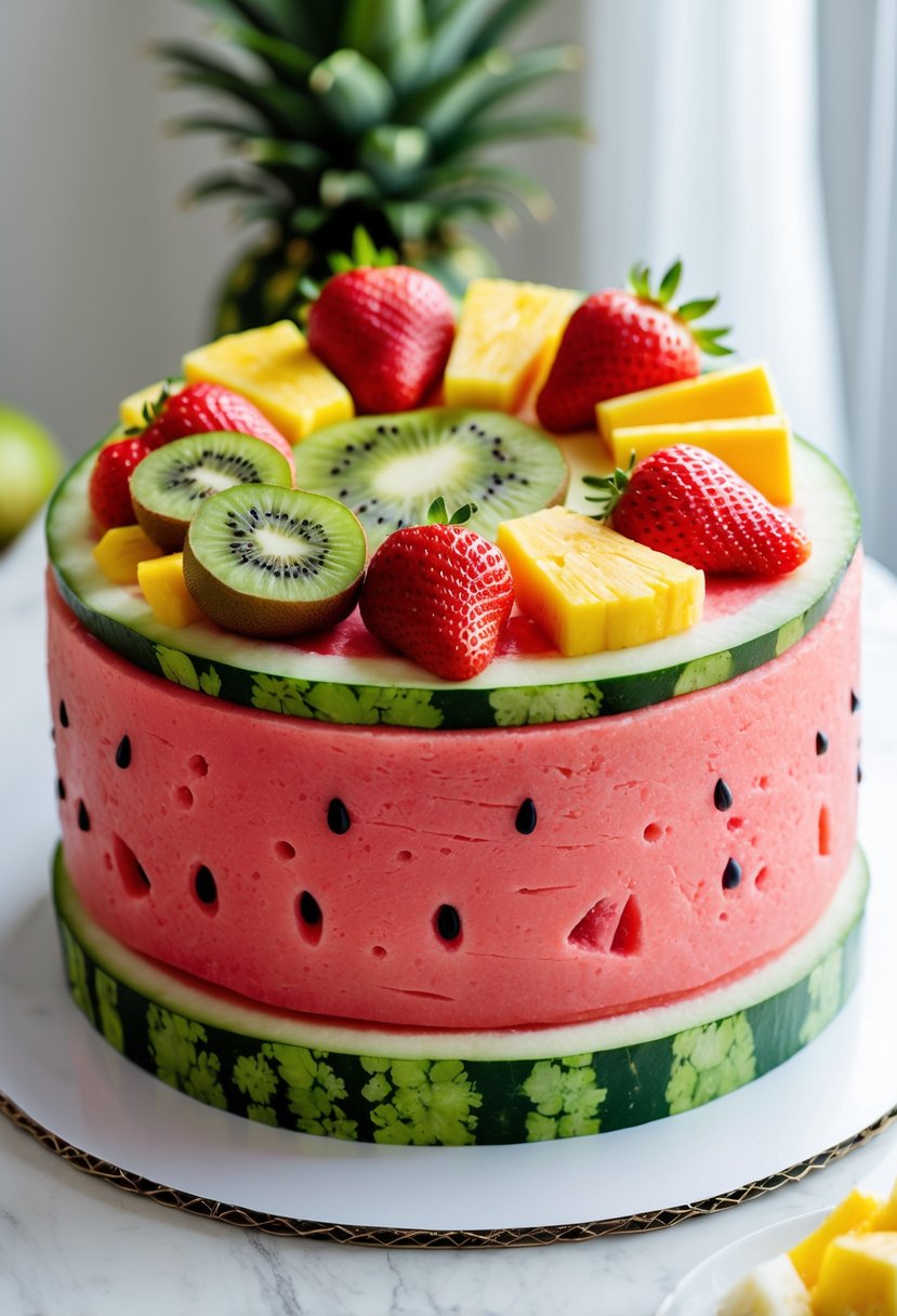 A vegan watermelon birthday cake topped with slices of tropical fruits like kiwi, mango, pineapple, and strawberries on a bright surface.