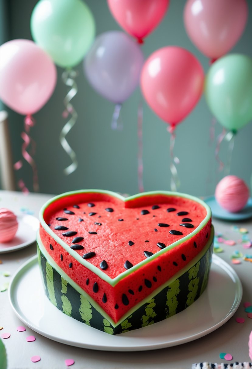 Heart-shaped watermelon cake on a white plate with birthday decorations in the background.