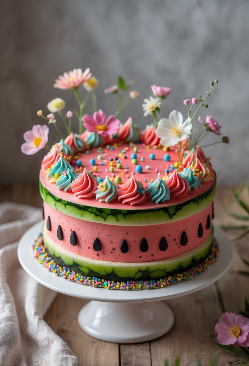 A round watermelon-themed birthday cake decorated with rainbow sprinkles and edible flowers on a white cake stand.