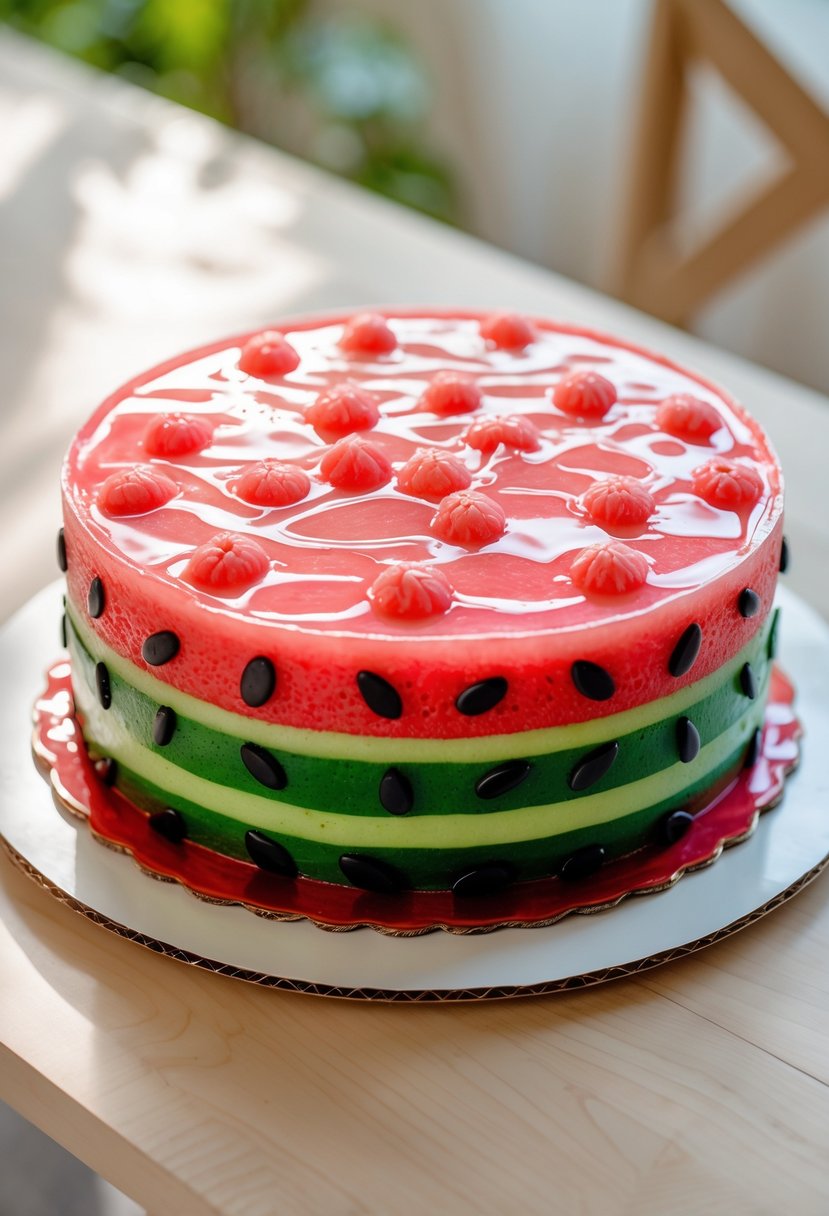 A round watermelon-themed birthday cake with a shiny gelatin glaze on a white plate.