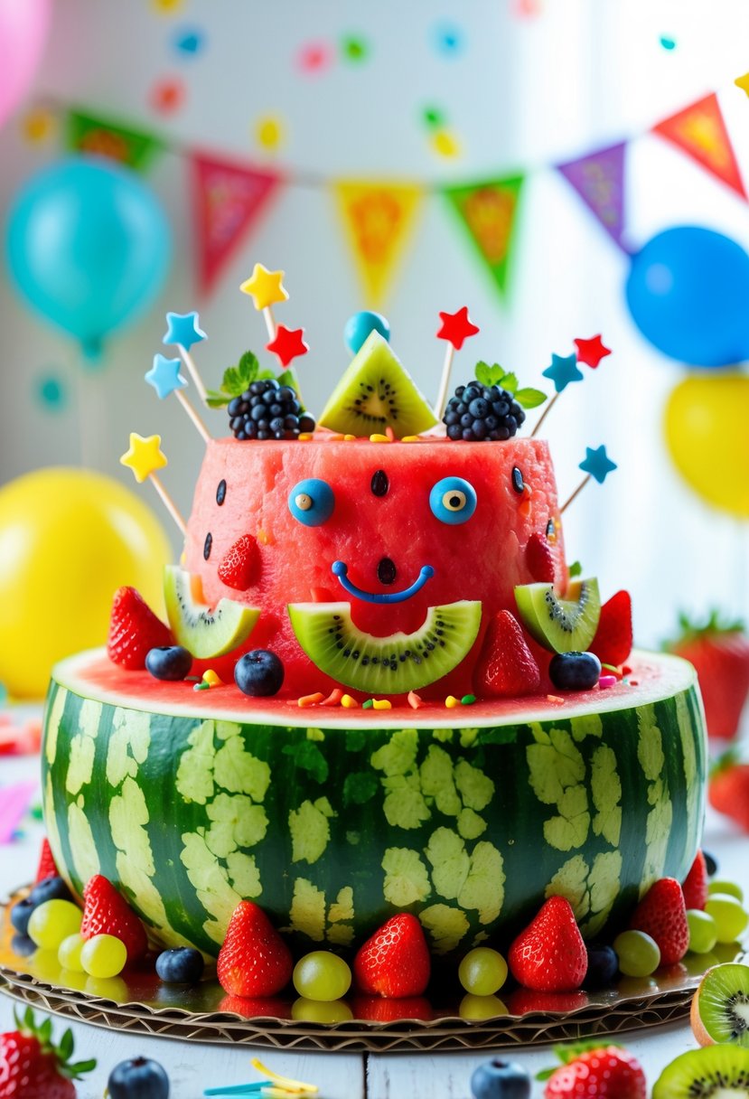 A colorful watermelon cake decorated with cheerful fruit faces made from various fruits, set in a festive birthday environment for kids.