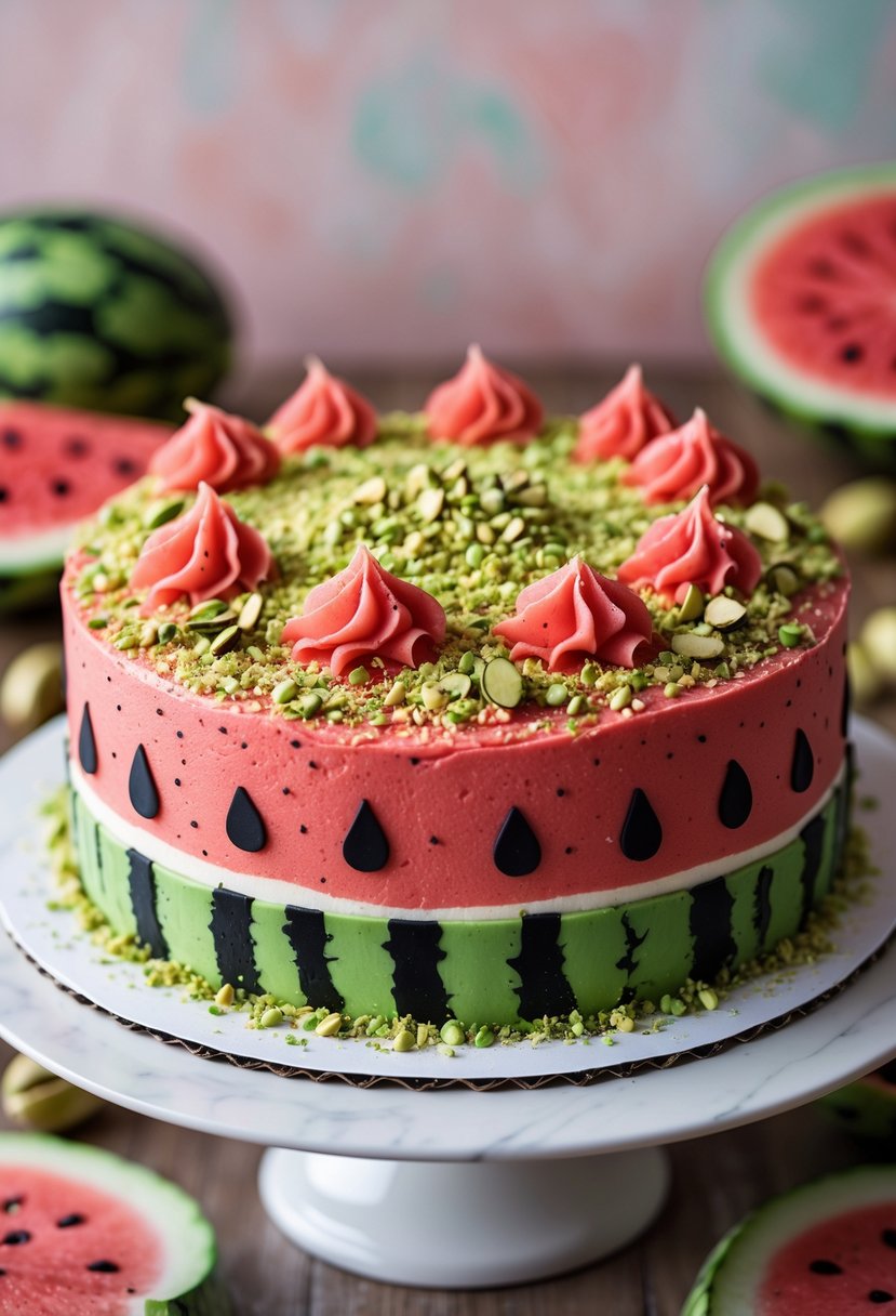 A round watermelon-themed birthday cake decorated with red frosting, black seed accents, green rind border, and topped with crushed pistachio crumbs on a white plate.
