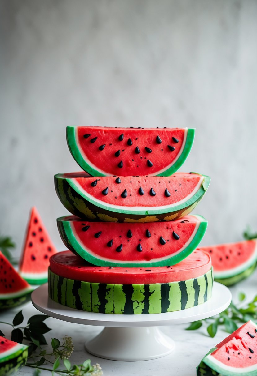 Stacked tiered birthday cake designed to look like watermelon slices on a white cake stand.