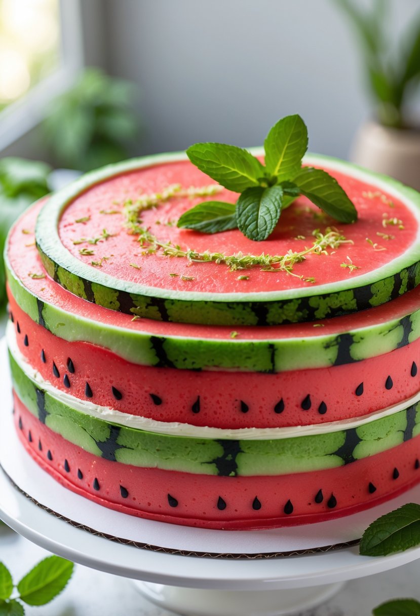 A watermelon cake topped with mint leaves on a white plate.