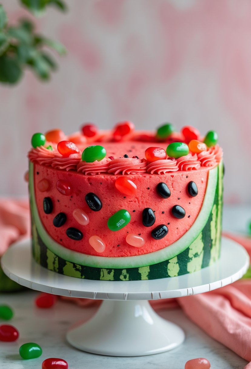 A round birthday cake decorated to look like a watermelon slice with red frosting and colorful jelly bean seeds on a white cake stand.