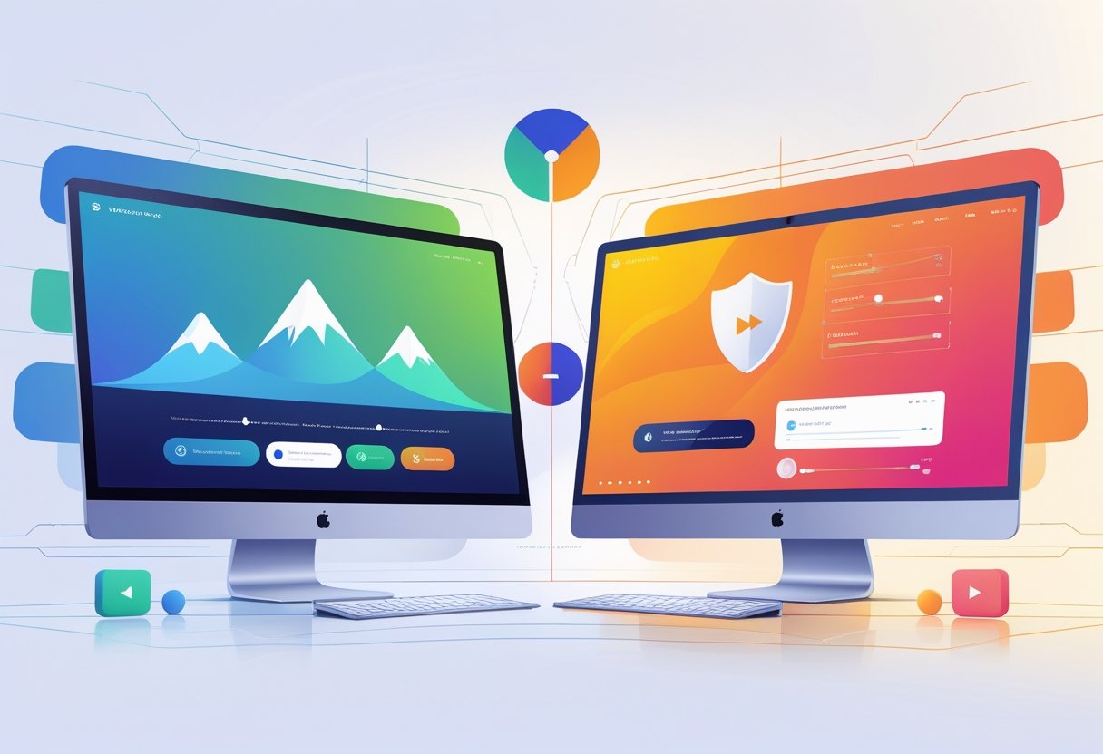 Two computer screens side by side showing streaming interfaces with abstract icons representing two VPN services, connected by a balanced scale symbolizing comparison.