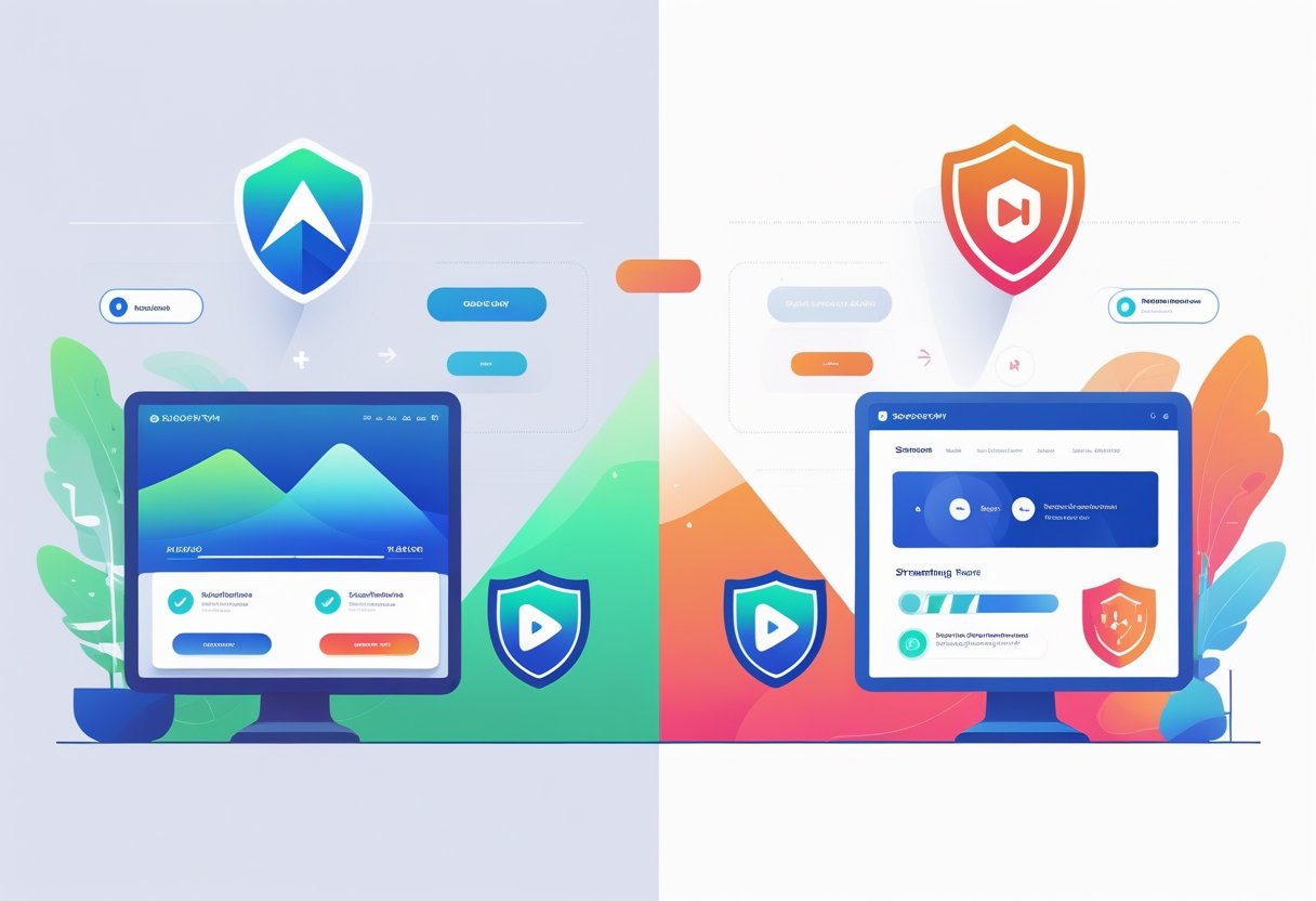 A split image showing two sides representing NordVPN and ExpressVPN with icons of streaming devices, play buttons, shields, and abstract graphics illustrating streaming features.