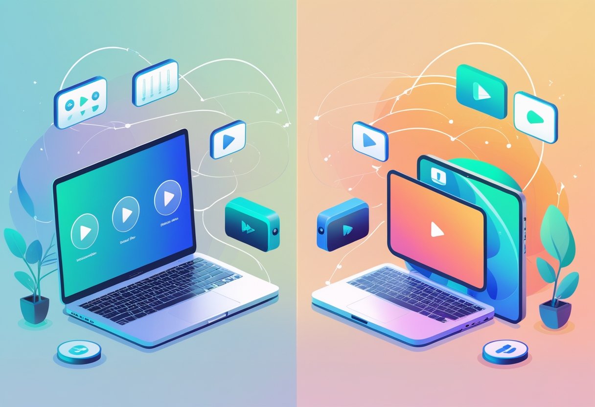 Two sets of devices side by side connected by streaming icons, illustrating user experience and device compatibility for two VPN services.