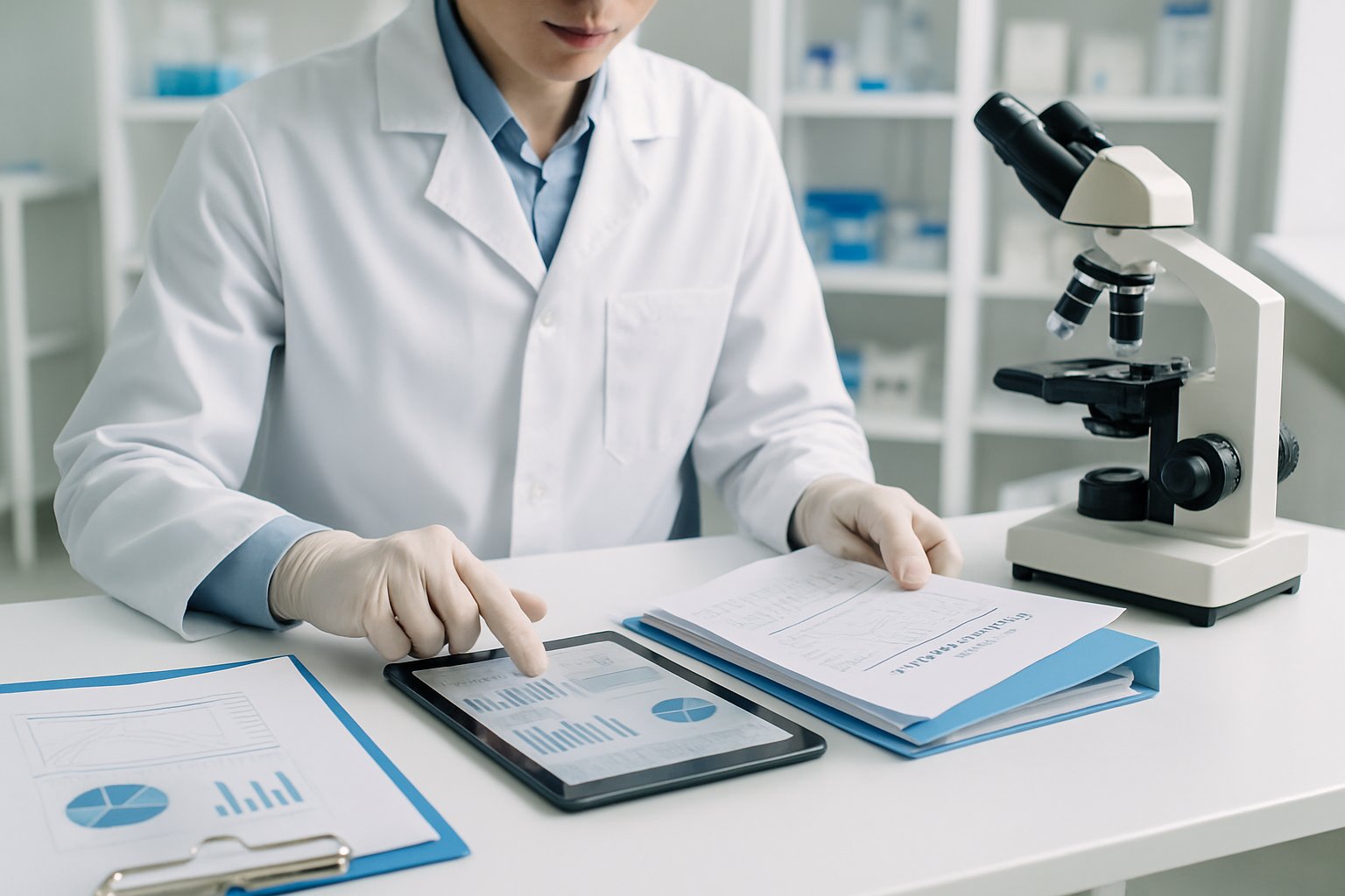 A laboratory technician in a white coat reviewing documents and using a tablet in a clean lab environment with microscopes and organized equipment with the ISO 15189 Quality Manual