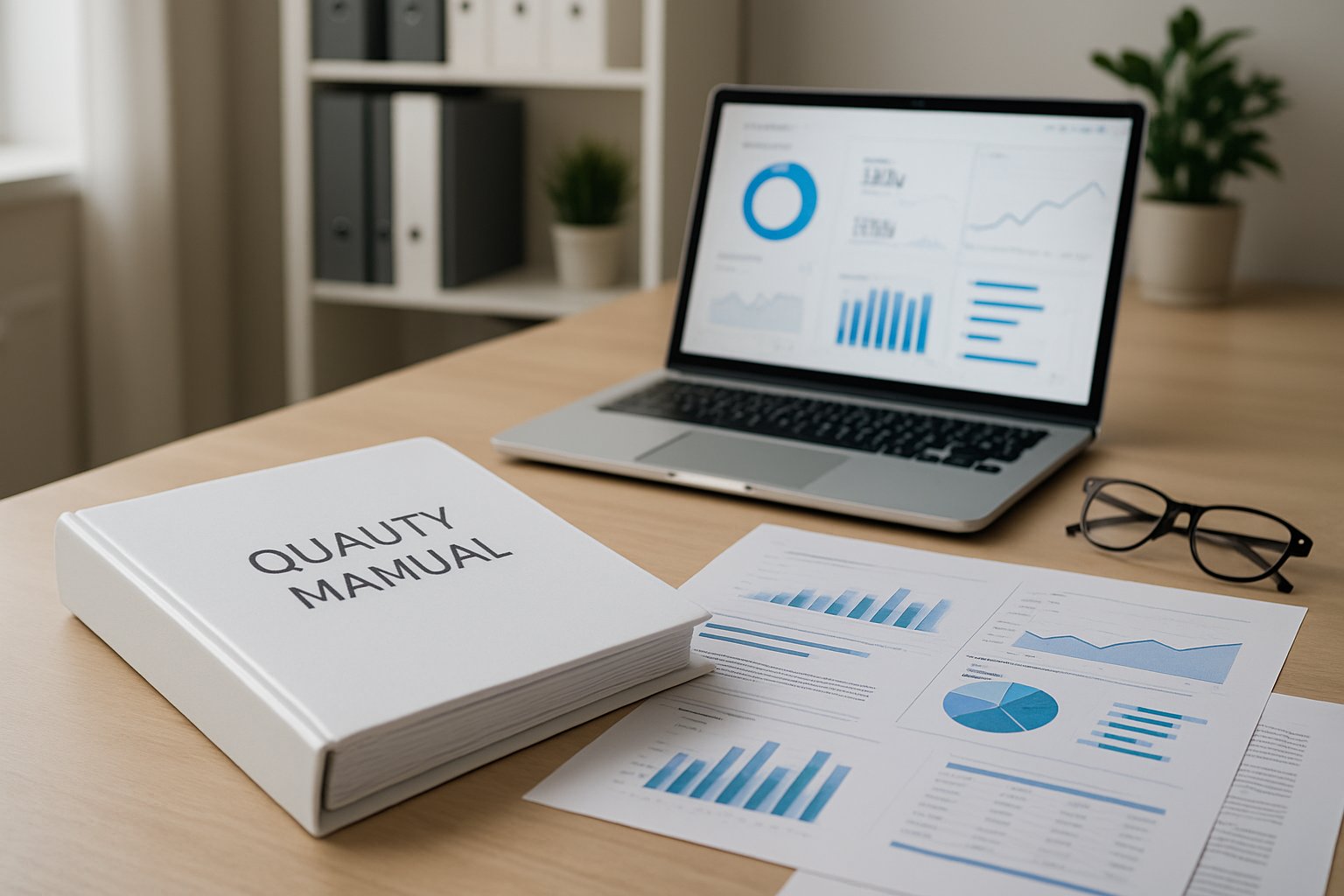 A clean office desk with an open ISO 15189 quality manual, papers with charts, a laptop showing data, and glasses, set in a professional workspace.