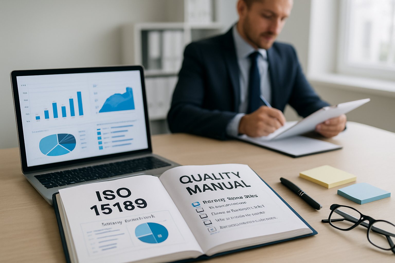 A professional reviewing an ISO 15189 quality manual on a desk with documents, laptop, and office supplies in a bright workspace.