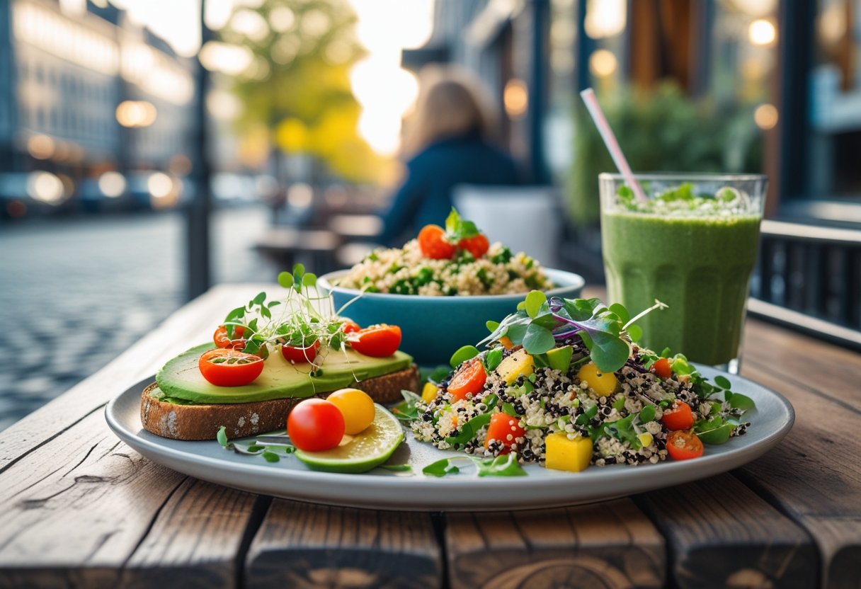 A table with a variety of fresh vegan dishes including avocado toast, quinoa salad, and a green smoothie in an outdoor café setting in Copenhagen.