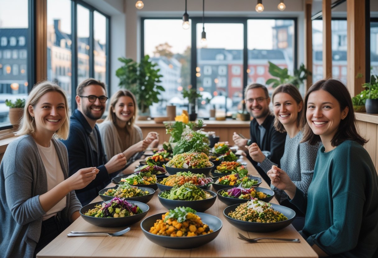 A bright vegan restaurant in Copenhagen with a table of colorful plant-based dishes and people enjoying their meals.