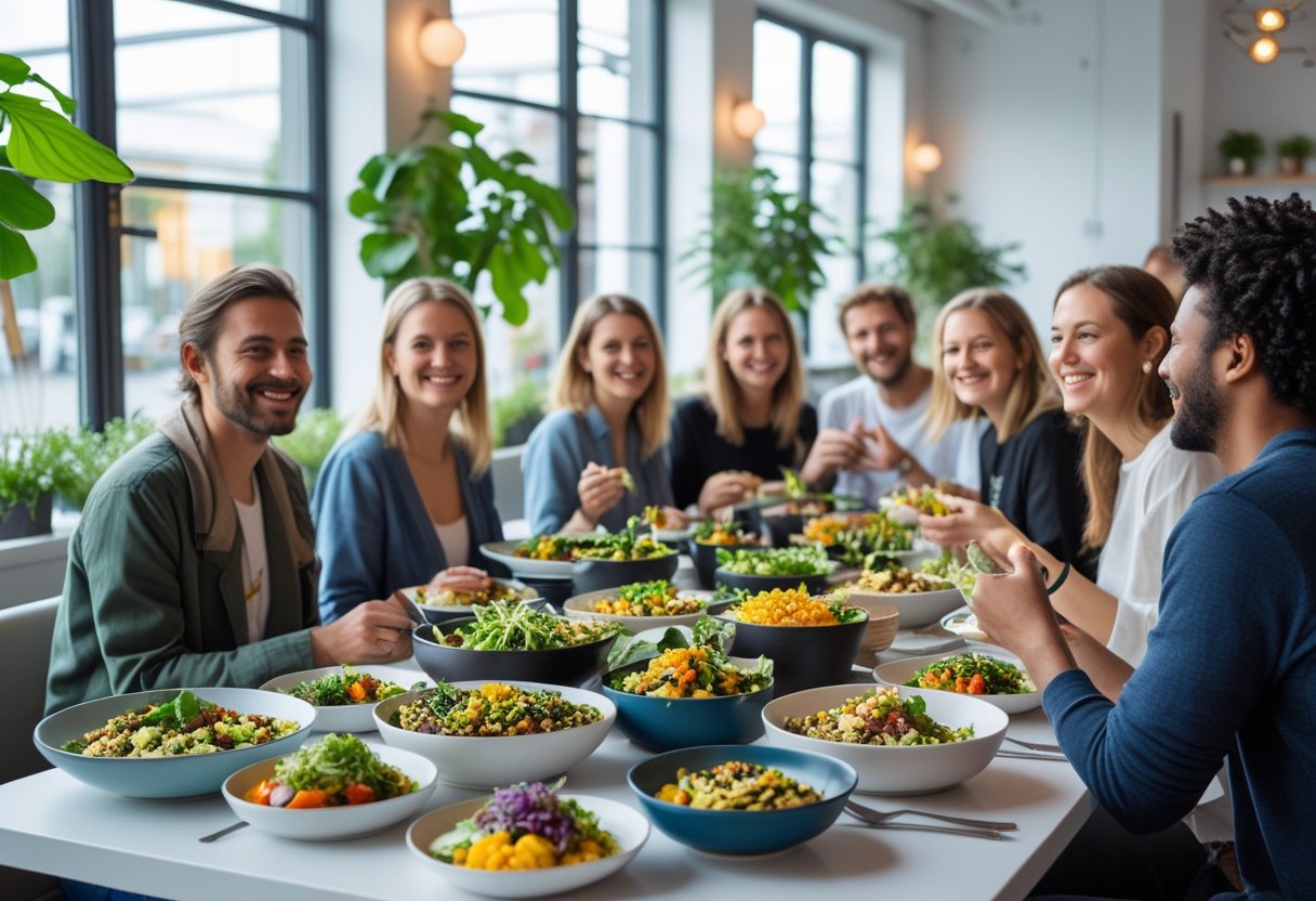 A table with colorful vegan dishes and people enjoying a meal in a bright, modern restaurant with plants and natural light.
