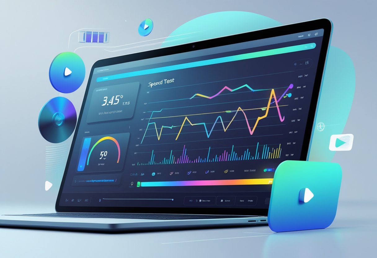 A computer screen showing colorful graphs and charts measuring fast internet streaming speed with icons representing video streaming around it.