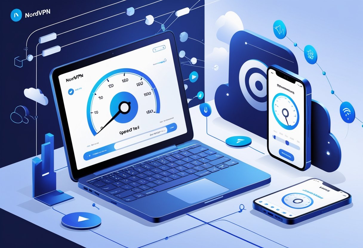 A workspace with a laptop and smartphone showing streaming speed test interfaces, surrounded by digital symbols representing internet connection and VPN technology.