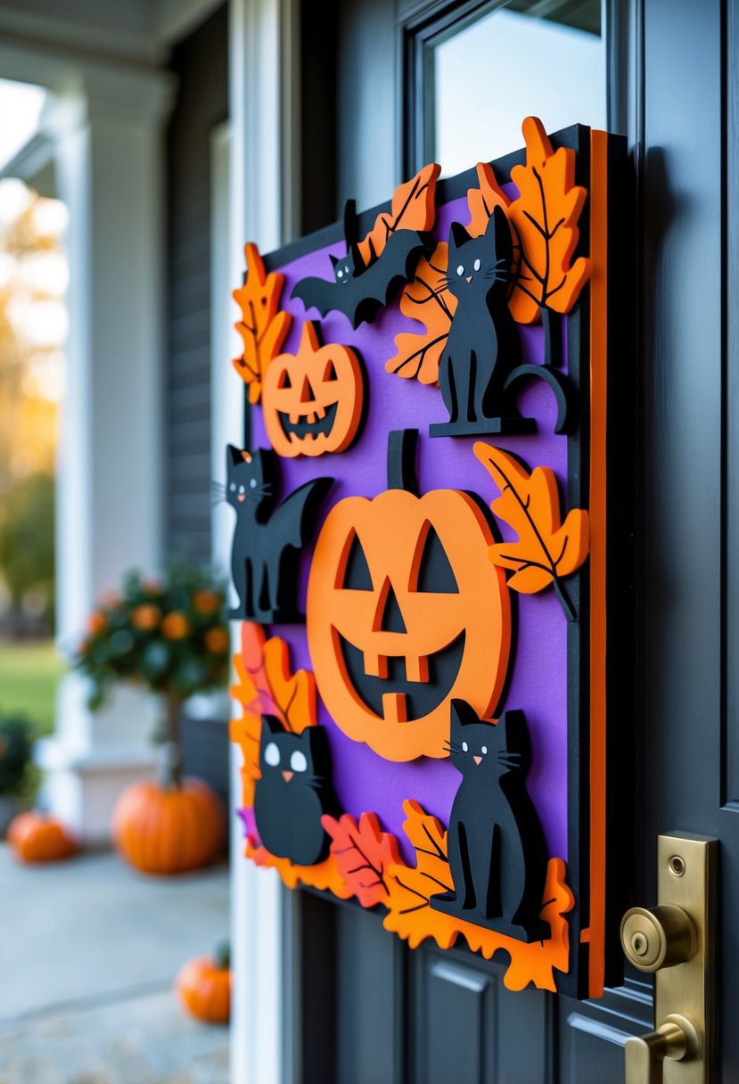 32 Halloween Door Hangers Ideas 2025: Creative Designs to Inspire Your Spooky Decor 3 A Halloween-themed 3D layered foam board door hanger with a jack-o'-lantern, black cat, and bats hanging on a front door.
