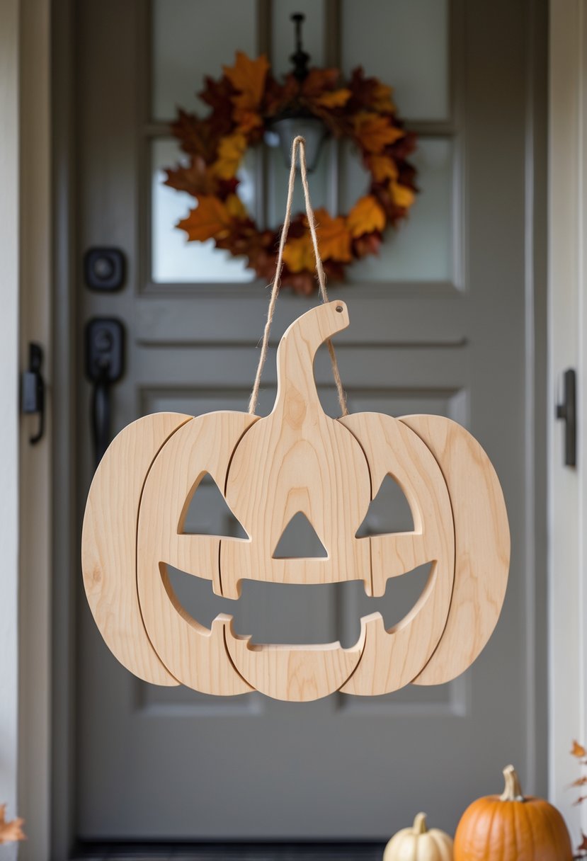 32 Halloween Door Hangers Ideas 2025: Creative Designs to Inspire Your Spooky Decor 4 A wooden pumpkin-shaped door hanger hanging on a front door with autumn decorations nearby.