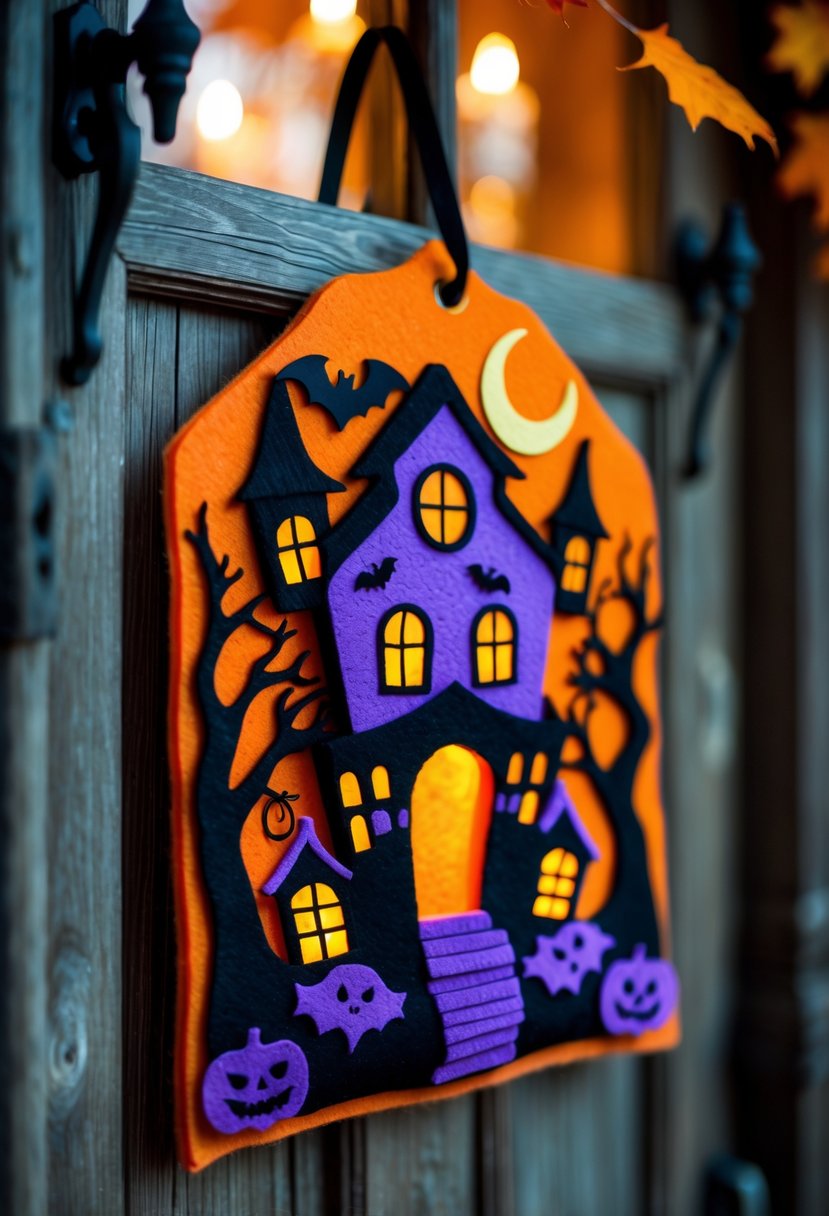 32 Halloween Door Hangers Ideas 2025: Creative Designs to Inspire Your Spooky Decor 5 A thick felt haunted house door hanger hanging on a wooden door with Halloween decorations visible around it.