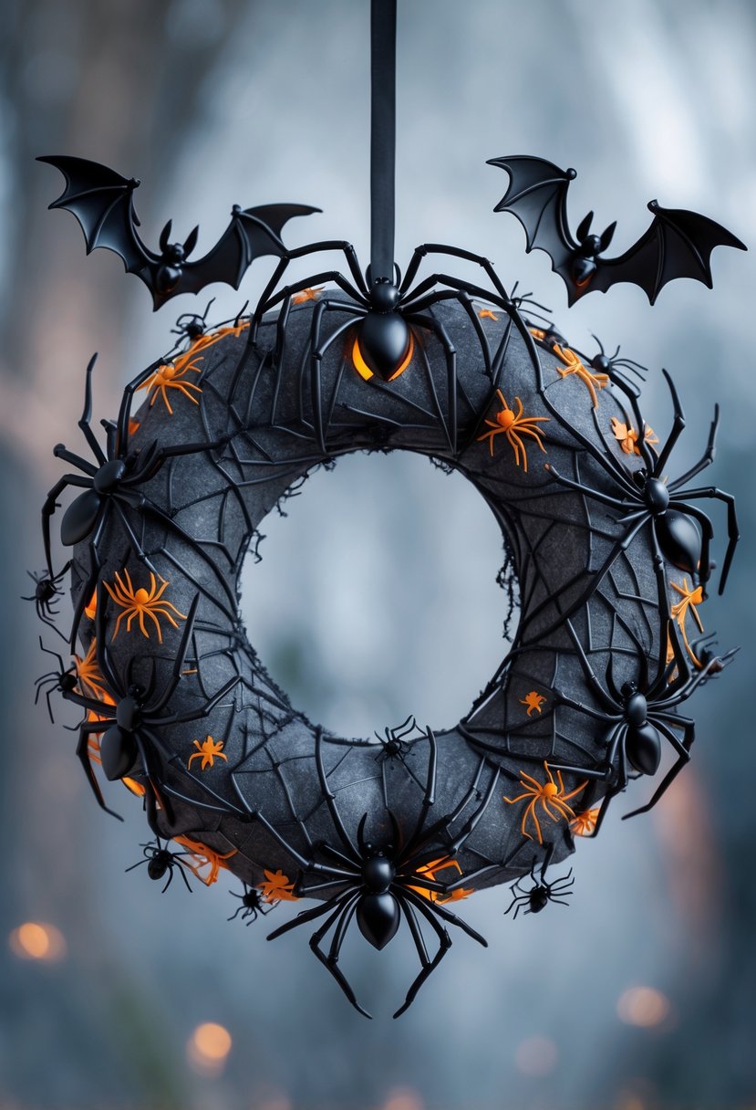 32 Halloween Door Hangers Ideas 2025: Creative Designs to Inspire Your Spooky Decor 7 A Halloween wreath decorated with black spiders and bats hanging on a door.