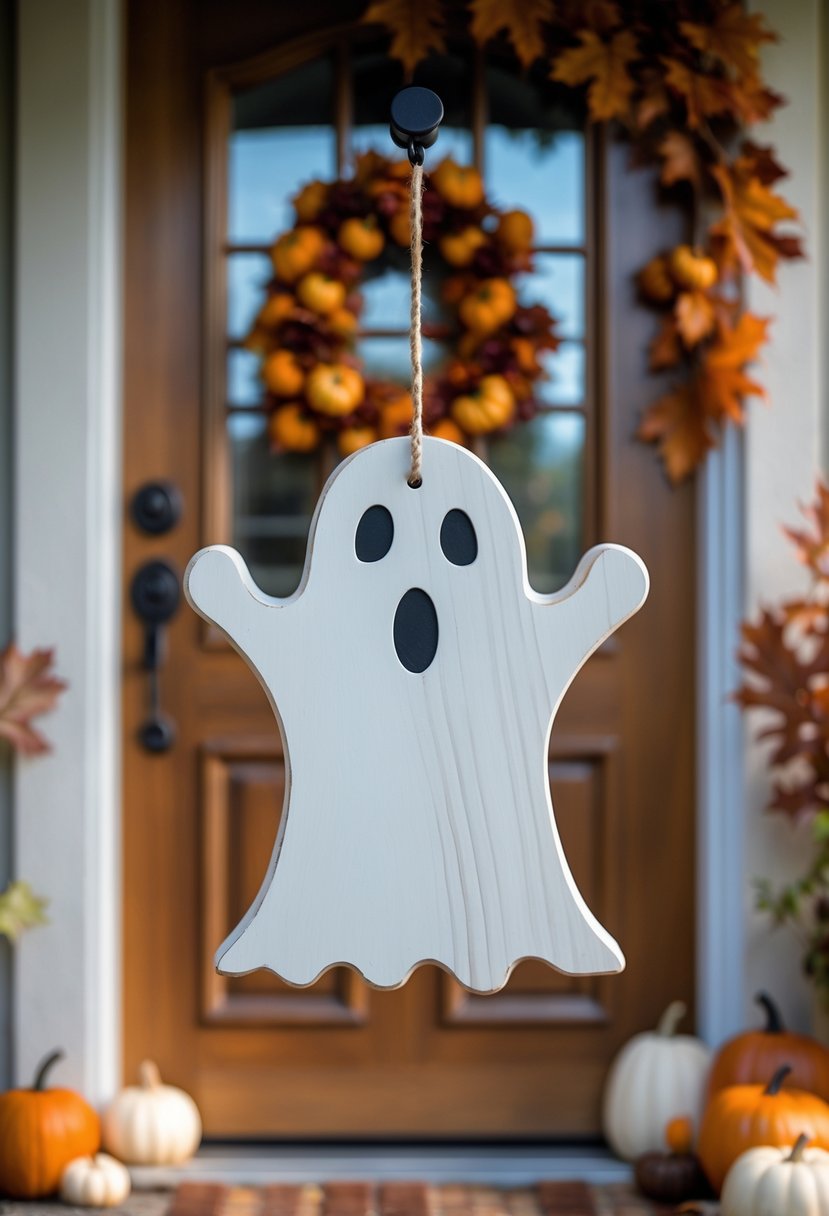 32 Halloween Door Hangers Ideas 2025: Creative Designs to Inspire Your Spooky Decor 8 A painted wooden ghost door hanger hanging on a front door surrounded by pumpkins and autumn leaves.