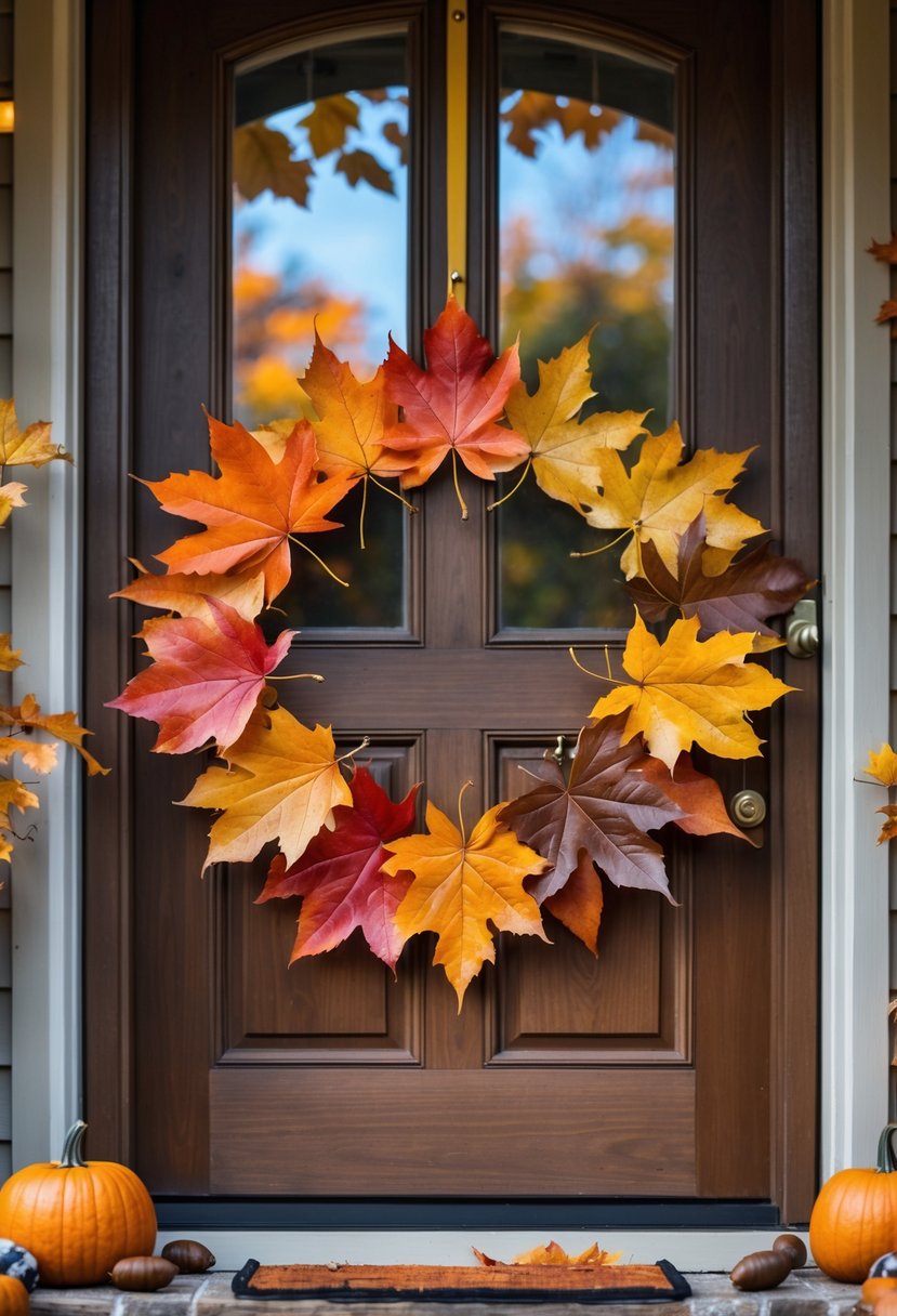32 Halloween Door Hangers Ideas 2025: Creative Designs to Inspire Your Spooky Decor 9 A fall leaves wreath hanging on a wooden front door with small pumpkins and acorns nearby.