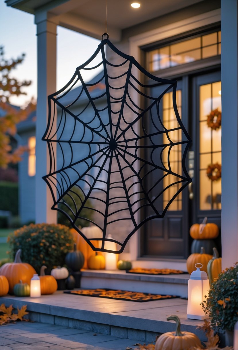 32 Halloween Door Hangers Ideas 2025: Creative Designs to Inspire Your Spooky Decor 10 A large spider web-shaped Halloween door hanger on a front door with pumpkins and autumn decorations around the porch.