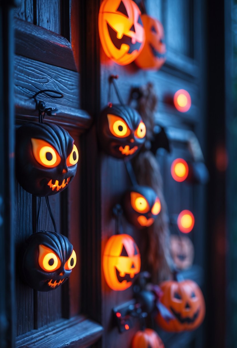 32 Halloween Door Hangers Ideas 2025: Creative Designs to Inspire Your Spooky Decor 11 A door decorated with multiple Halloween door hangers featuring glowing red eyes in a dark, spooky setting.