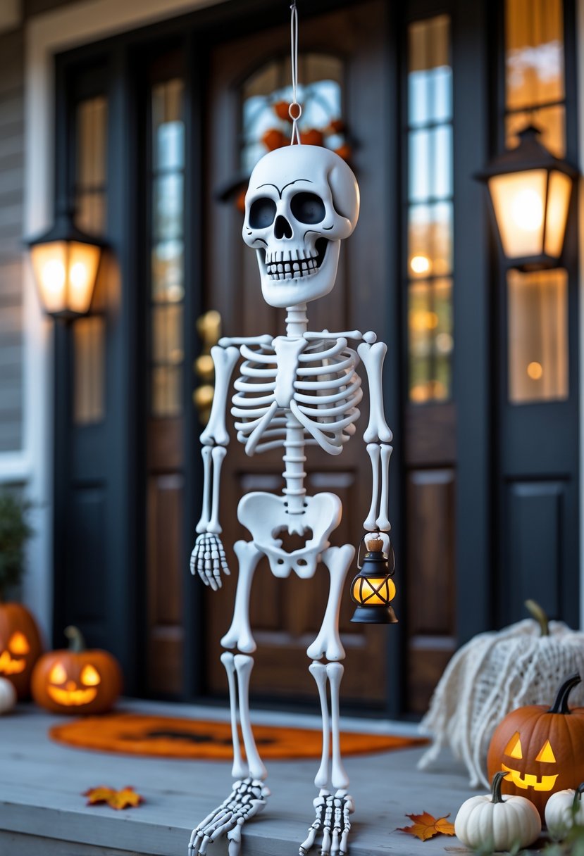 32 Halloween Door Hangers Ideas 2025: Creative Designs to Inspire Your Spooky Decor 13 A skeleton-shaped Halloween door hanger hanging on a wooden door with pumpkins and cobweb decorations around it.