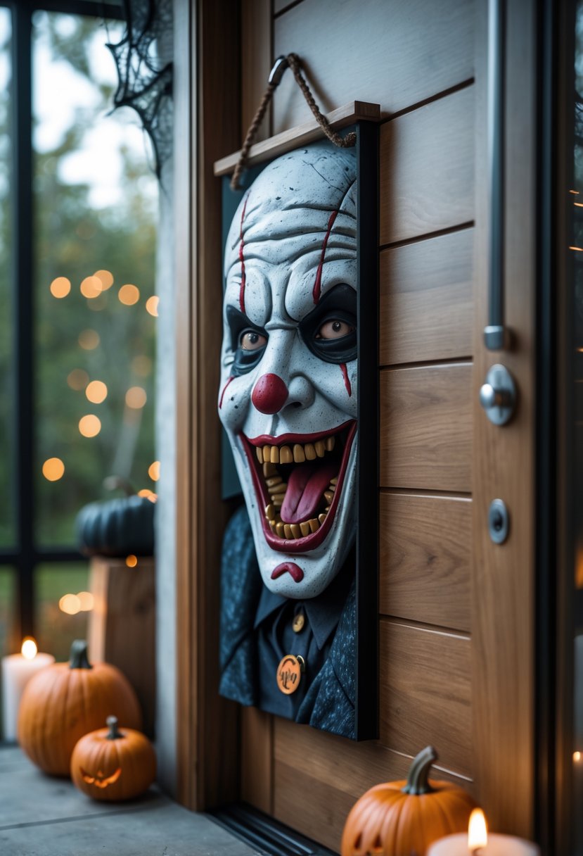 32 Halloween Door Hangers Ideas 2025: Creative Designs to Inspire Your Spooky Decor 14 A Halloween door hanger featuring a spooky horror movie character hanging on a wooden door with small pumpkins and cobweb decorations nearby.