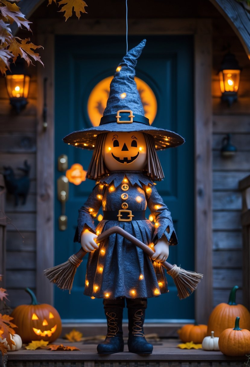 32 Halloween Door Hangers Ideas 2025: Creative Designs to Inspire Your Spooky Decor 15 A Halloween witch-shaped door hanger with glowing lights hanging on a wooden front door surrounded by pumpkins and autumn leaves.